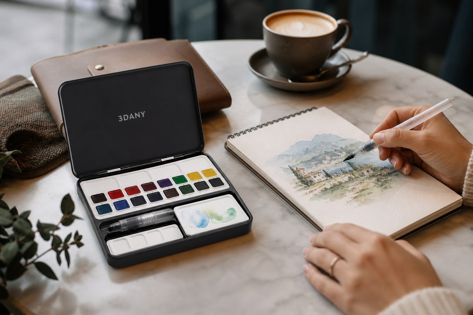 Painting at a cafe with a portable kit